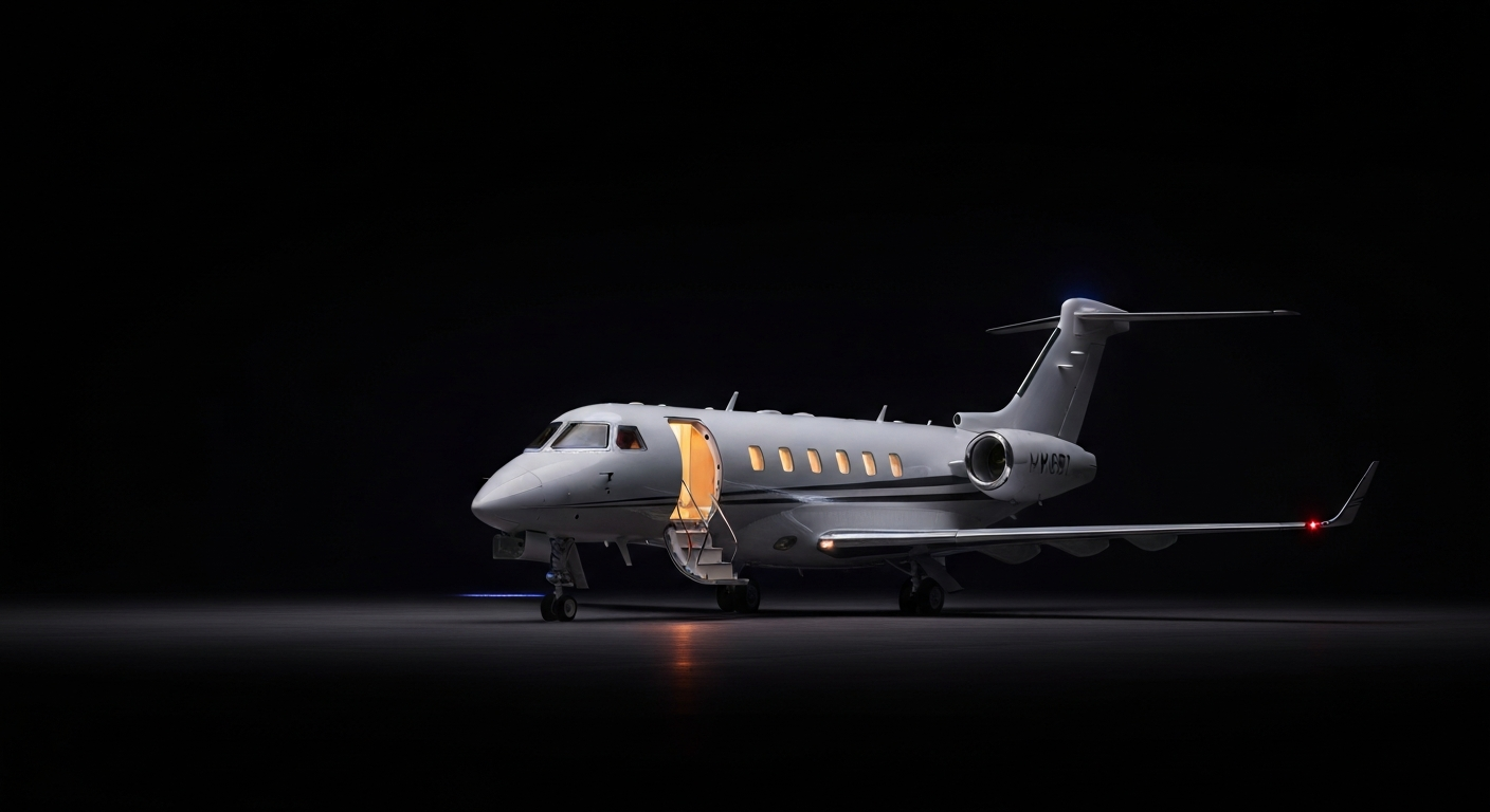 A private jet on a dark tarmac at night, airstair lowered and warmly lit.