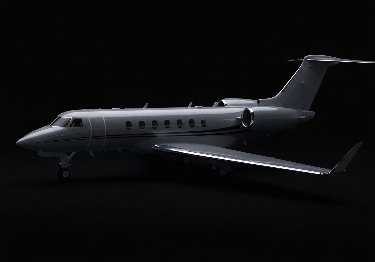 A private jet exterior lit against a black hangar.