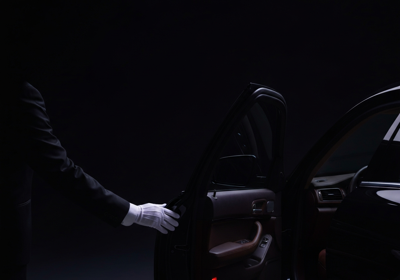 A dark chauffeur car waiting on a rain-slick night road, headlights lit.