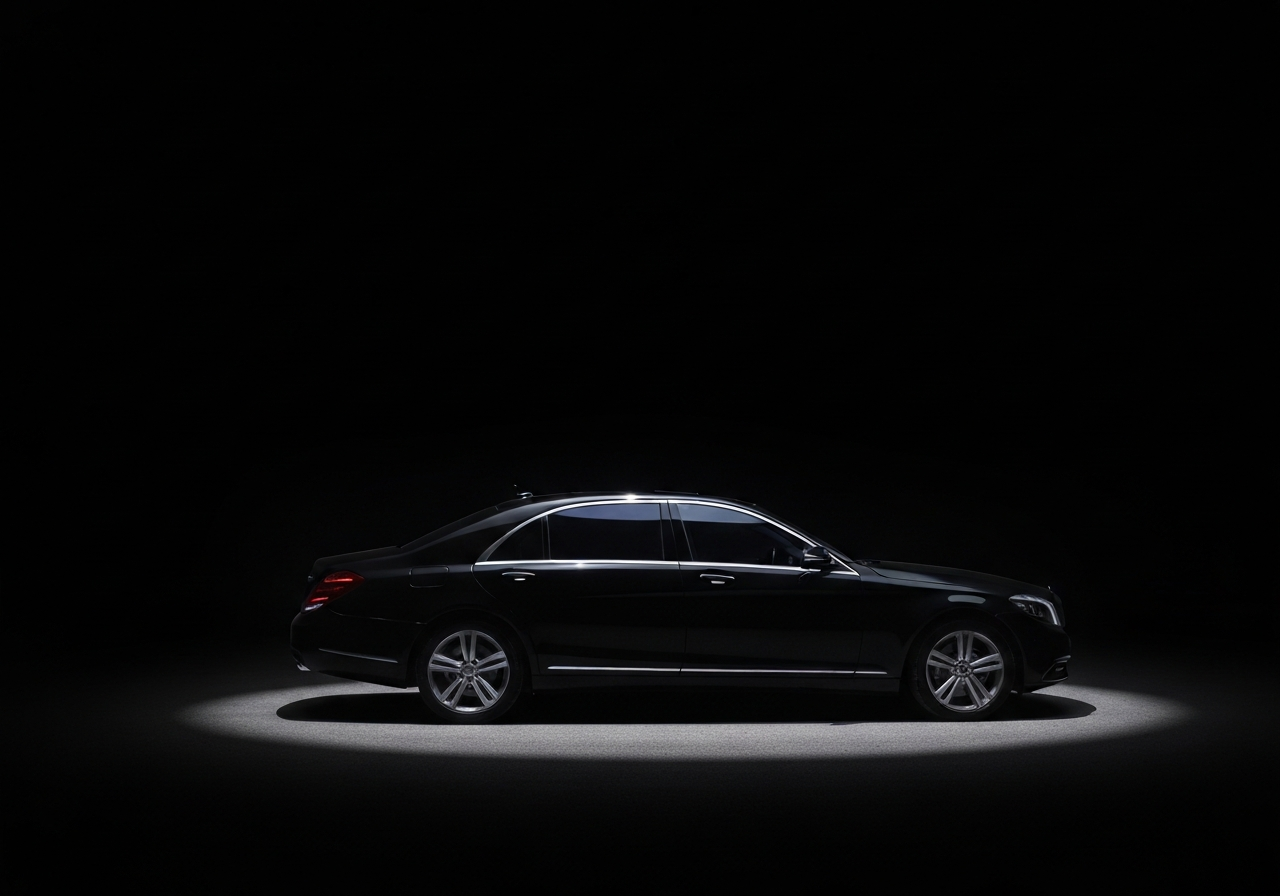 A dark chauffeur car waiting on a wet night road.
