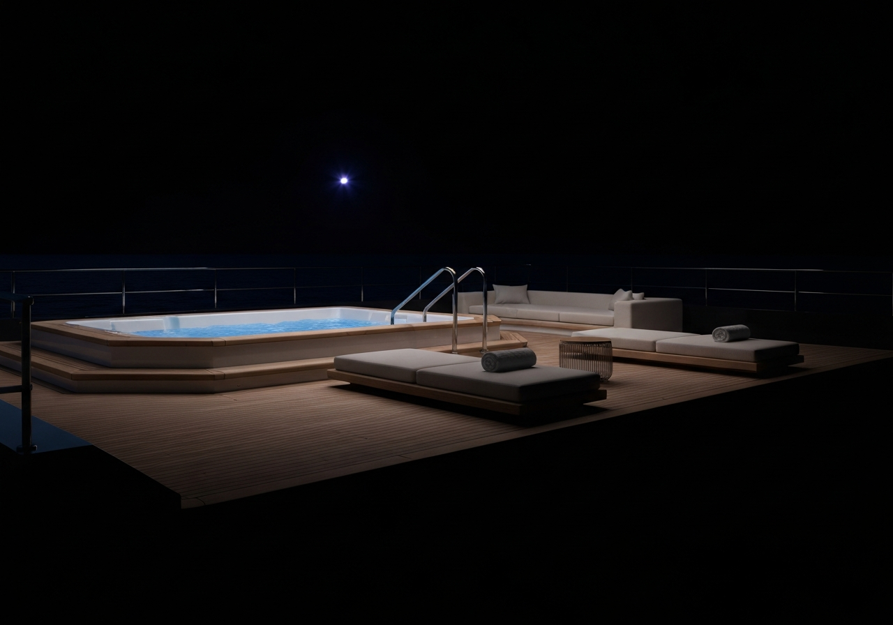 A superyacht deck at night with a lit plunge pool under a clear sky.