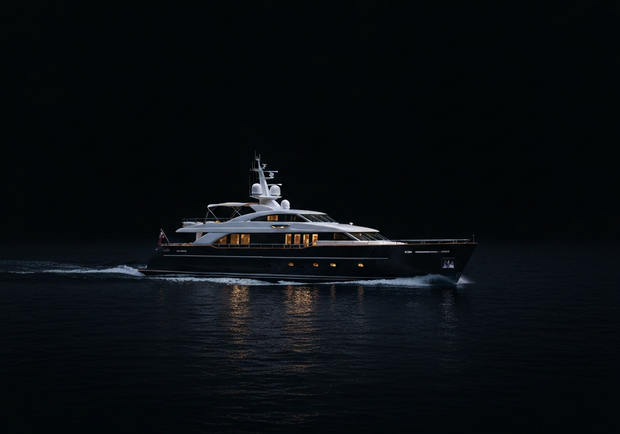 A yacht deck at night with a lit plunge pool under a full moon.